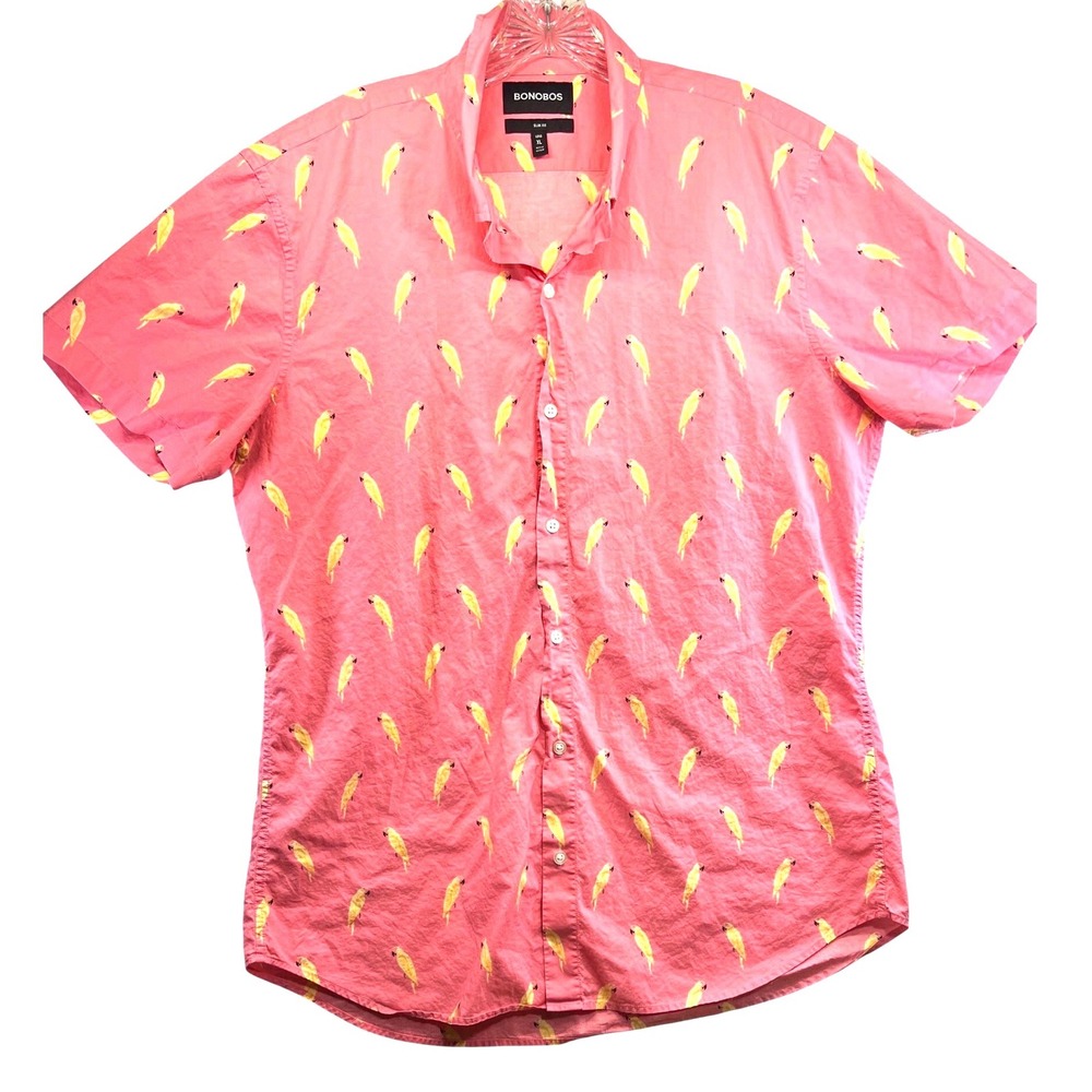 Bonobos Slim Fit Pink Parrot Print Short Sleeve Button Down Shirt Mens XL Long